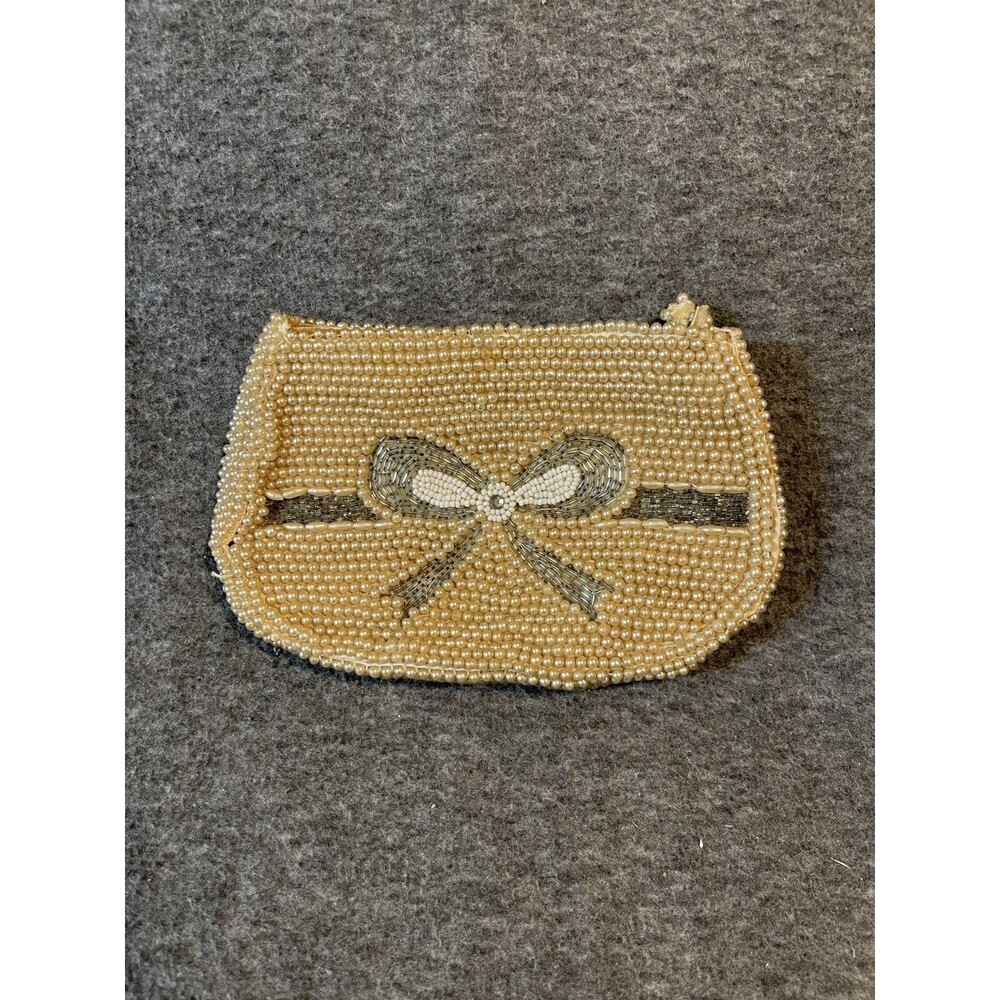 Ladies Cluch Change Purse - Pearl Beads & Sequins- Bow - Vintage - Made in Japan